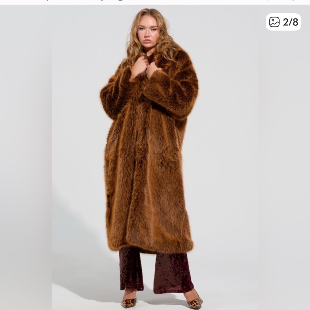 AKIRA DAYANNE LONG SATIN LINING FAUX FUR TRENCH COAT Brown - Picture 7 of 9